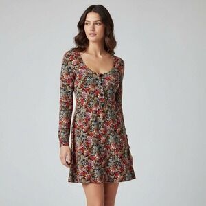 ModCloth Womens Babydoll Dress Medium Floral‎ Long Sleeve Pockets Multi Color